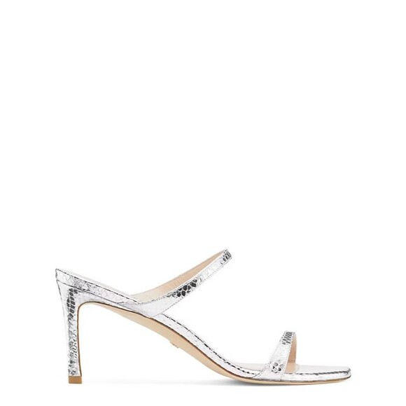 Stuart Weitzman Aleena 75 Slip On Heel Sandals Womens 9 Metallic Silver Snake
